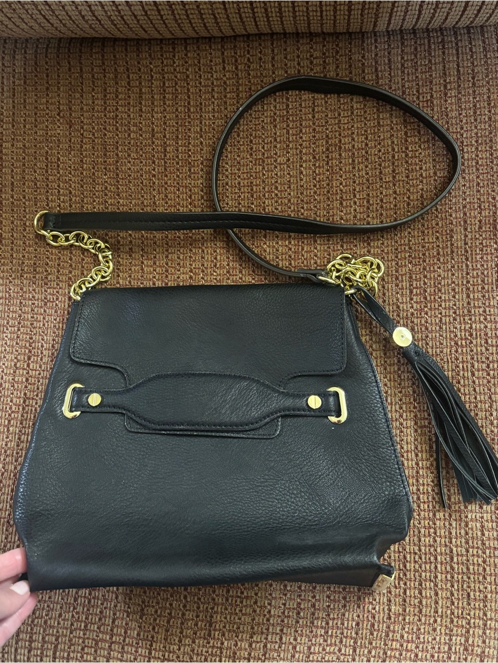 Kate Landry Black Leather Crossbody with Gold Hardware and Tassel 11X9